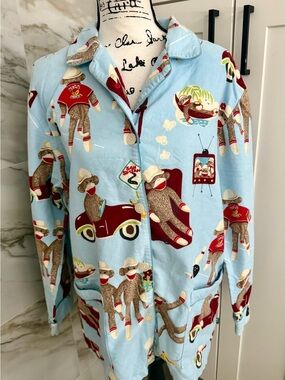 Nick & Nora Light Blue Flannel Sock Monkey Pajama Top xL 100% Cotton Button Up